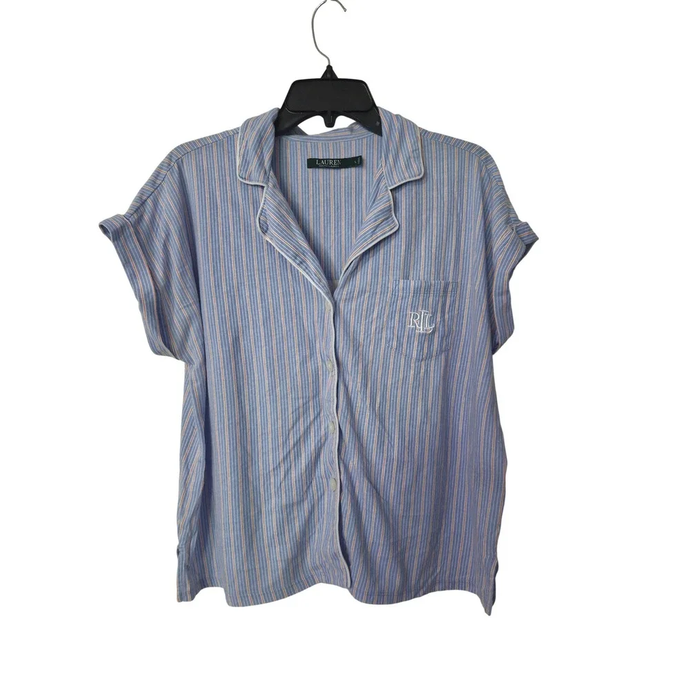 Lauren Ralph Lauren Womens Blue Striped Short Sleeve Pajama Set Size L LRL Logo